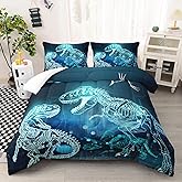 Nttopship Dinosaur Comforter Set for Teens Boys Girls,Dino Eyes 3 Pieces Bedding Set Twin,Dark Blue Lightweight Down Alternative Bedding Sets for All Season