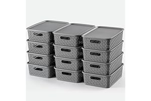 NETANY [ 12 Pack ] Plastic Storage Baskets With Lids, Small Pantry Organization, Stackable Storage Bins, Household Organizers for Cabinets, Countertop, Drawers, Under Sink or On Shelves,Gray