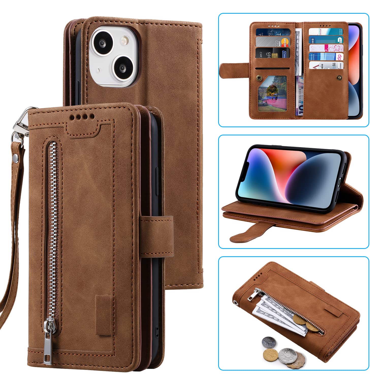 UEEBAI Wallet Case for iPhone 14 6.1 inch, Retro 9 Card Holder Slots Zipper Pocket Handbag Case PU Leather Magnetic Closure Kickstand with Wrist Strap TPU Shockproof Flip Case - Brown