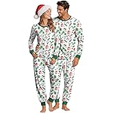 Xaatren Christmas Pajamas for Couples Women Men Long Sleeve Crewneck Xmas Sleepwear Soft Holiday Loungewear Pjs Set