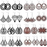 Hicarer 20 Pairs African Wooden Earrings for Women Boho Vintage Drop Earrings Bulk Lightweight Geometric Pendant Dangle Jewelry for Christmas Women Ladies Gifts