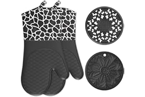 BAIWANT Silicone Oven Mitts, Heat Resistant Double Oven Gloves, Non-Slip Cooking Mitt Waterproof Kitchen Gloves 1 Pair and 2 