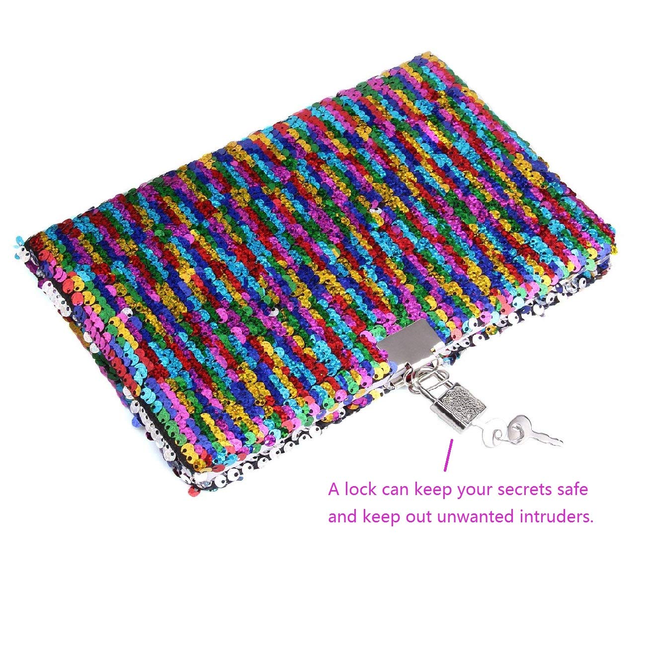 Fanovo Sequin Notebook, Unicorn Journal, Mermaid Reversible Sequin Diary with Lock and Key, Size A5 (8.5” x 5.5”) , + 1 Sheet Photo Corner + 2 Pens (Rainbow-with Lock)