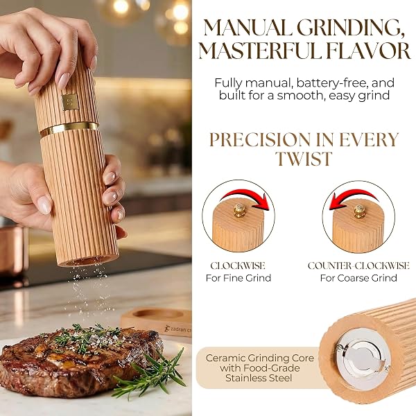 WOODEN SALT AND PEPPER GRINDER SET – REFILLABLE BEECHWOOD SALT & PEPPER MILLS WITH GOLD ACCENTS, ADJUSTABLE CERAMIC MILL, MATCHING WOOD STAND – PREMIUM KITCHEN GIFT SET