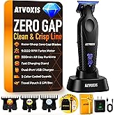 ATVOXIS Zero Gap 9,000 RPM Brushless Professional T Blade Trimmer for Men: Cordless Hair/Beard Clipper Edger Liner Outliner with LED Display 300min Runtime Fast Charging Stand Travel Pouch