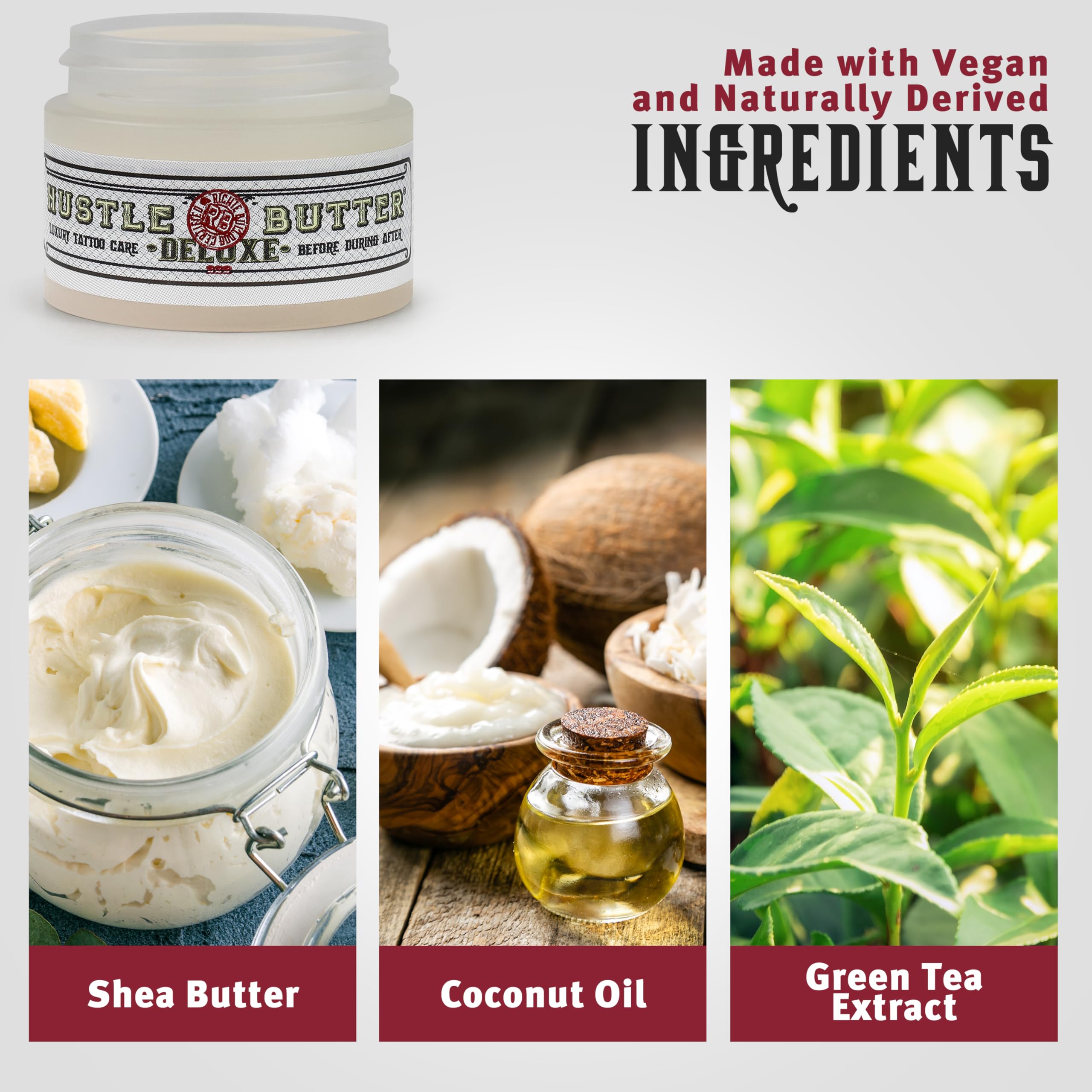 Hustle Butter Tattoo Aftercare 5oz At Home and 1oz Travel Sized Aftercare Balm, Use While Healing New Tattoos and To Rejuvenate Older Body Art - 100% Vegan Cream