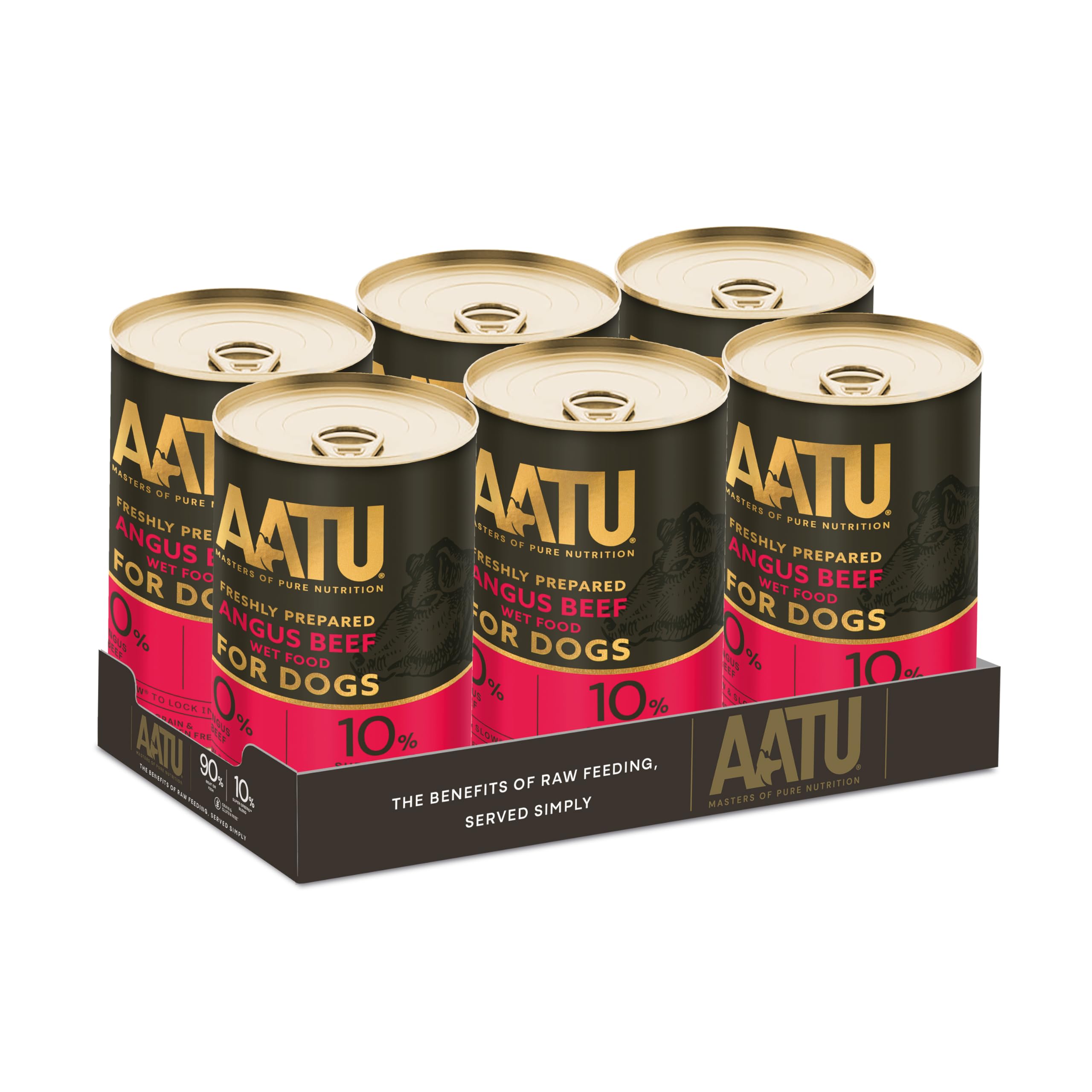 AATU 90/10 Wet Dog Food in a Tin - Angus Beef (6x400g) - Grain Free Recipe - No Artificial Ingredients - Good for Low Maintenance Feeding. (Packaging may vary).