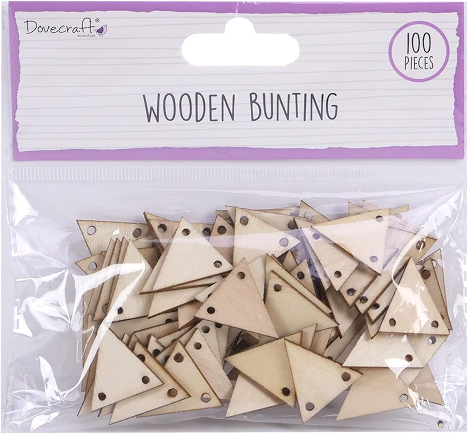 Dovecraft DCBS216 Essentials-Wooden Bunting-2.3x 2.3cm-Pre Drilled Holes-Triangle-Plain Wood Can Customised-100 Pieces-for Card Making DIY
