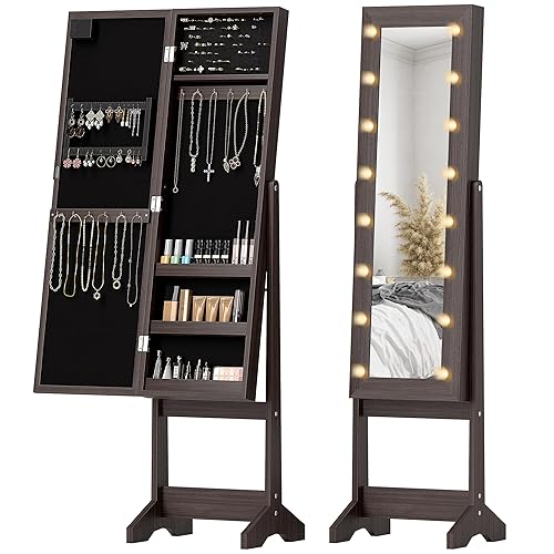 HOMCOM Freestanding Mirror Jewelry Cabinet with LED Lights, Jewellery Organiser with 3 Angle Adjustable, Full-Length Mirror with Storage for Earrings, Necklaces, Rings and Lipsticks, Dark Brown