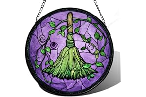 AMDERVEN Stained Glass Window Hanging - Halloween Decorations Witch Magic Broom Suncatcher for Doors Garden Indoor Funny Spooky Sun Catchers Gothic Decor Horror Gifts for Women Men Friend 7.8 in