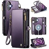 Defencase for iPhone 16 Magnetic Wallet Case Compatible with Magsafe with RFID Blocking Zipper Pocket & Card Holder for Women Men PU Leather Strap Detachable Case for iPhone 16 (6.1 inch), Purple