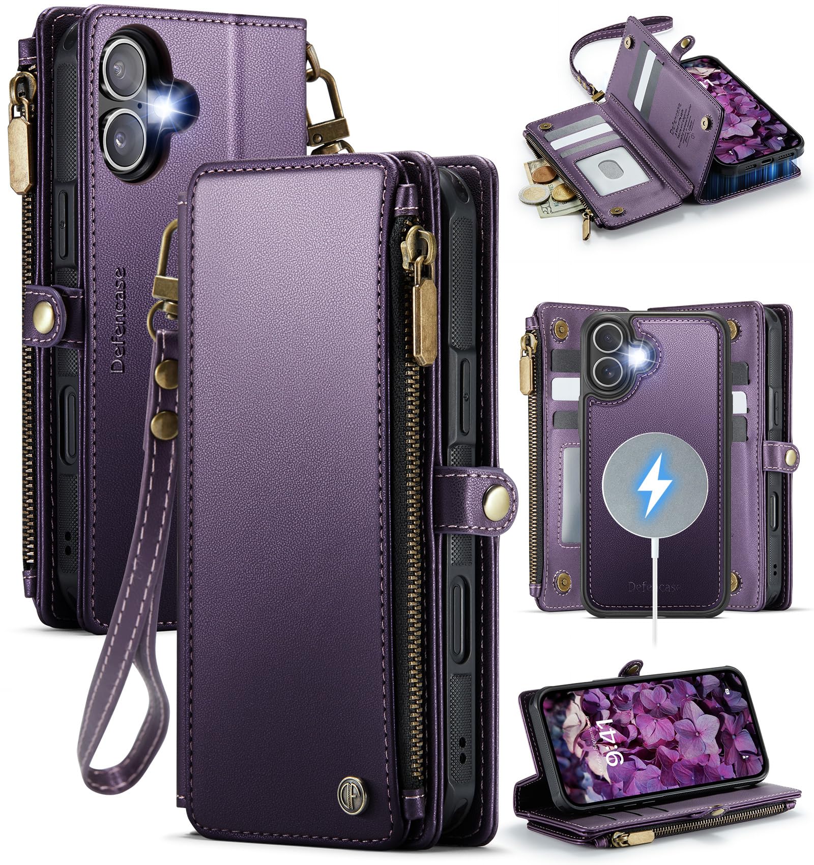 Photo 1 of ***Missing strap***Defencase for iPhone 17 Magnetic Wallet Case Compatible with Magsafe with RFID Blocking Zipper Pocket & Card Holder for Women Men PU Leather Strap Detachable Case for iPhone 17 (6.3 inch), Purple***Missing strap***