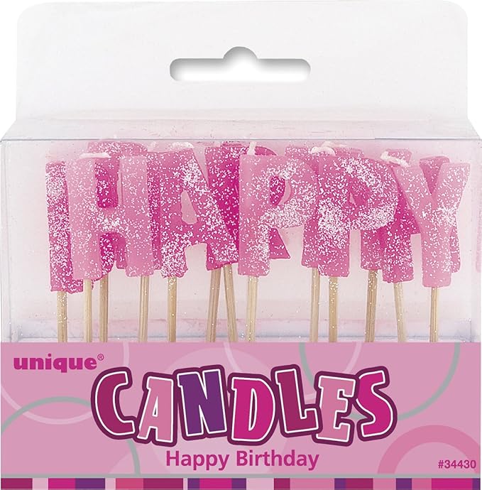 Unique Party 34430 Glitz Pink Happy Birthday Candles, Set of 13
