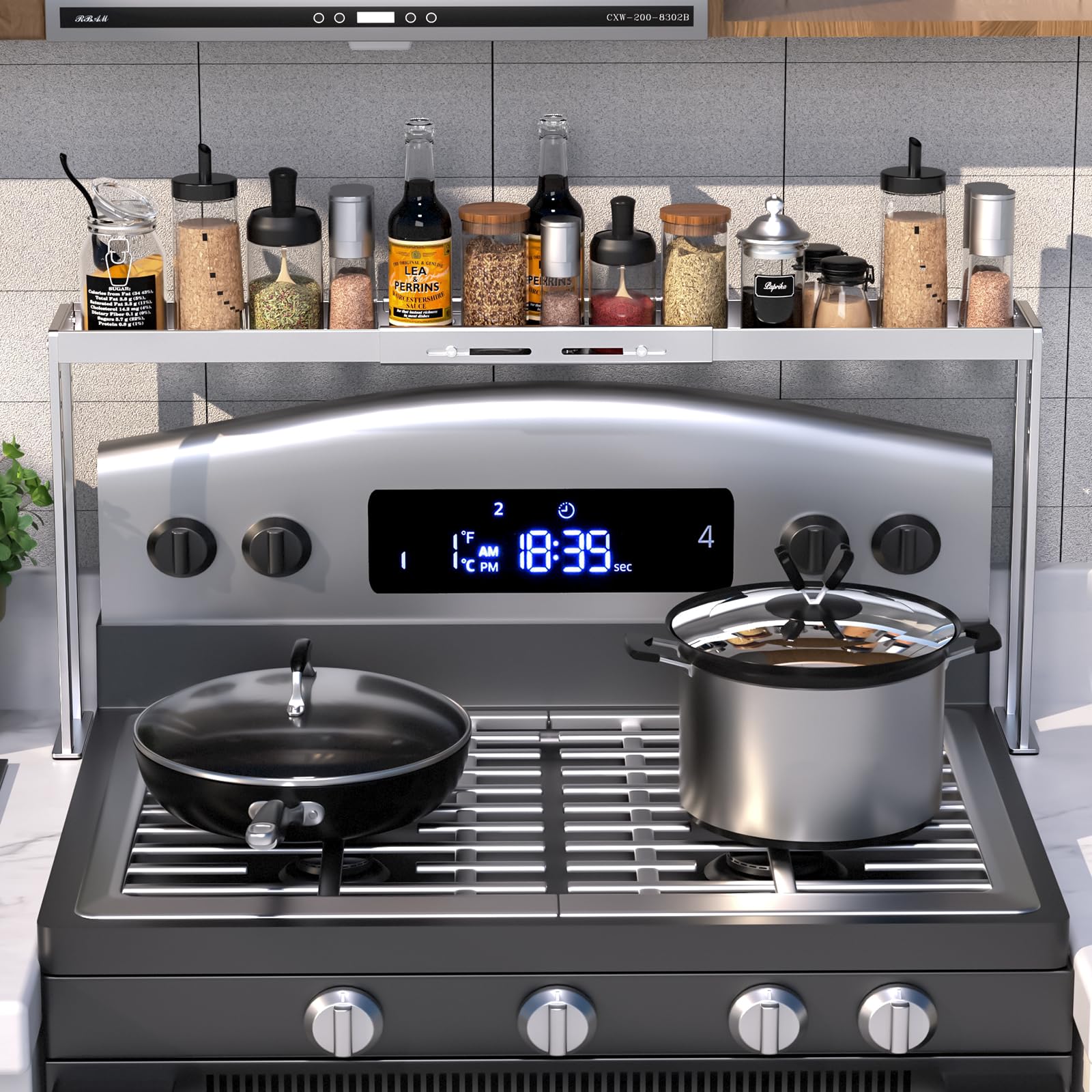 Photo 1 of BOIVSHI Stove Top Shelf - Adjustable Oven Shelf for Top of Stove for 27-33inch, Kitchen Spice Organizer, Silver