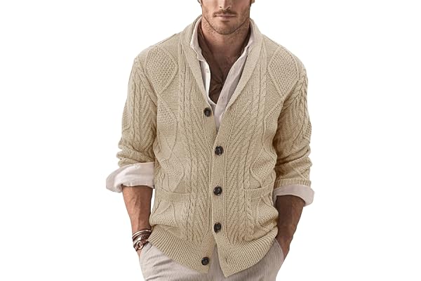 Linvich Men's Shawl Collar Button Down Cardigan Sweater Vintage Casual Long Sleeve Cable Knitted Sweater with Pockets