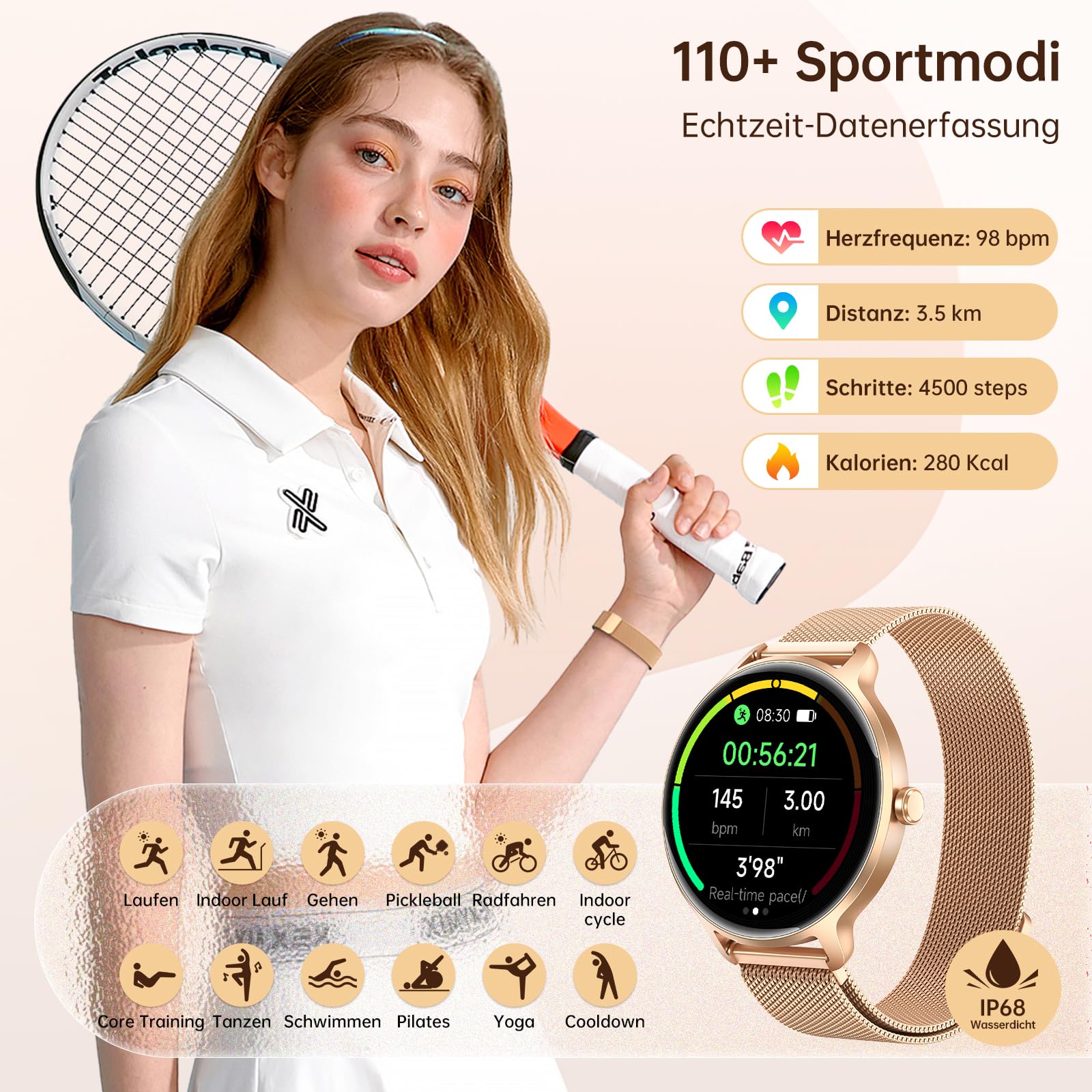 Smartwatch Damen Rund, 1.27" AMOLED Smart Watch mit Telefonfunktion, Fitnessuhr mit Pulsuhr Schlafmonitor Schrittzähler, 120+ Sportmodi Sportuhr IP68 Wasserdicht, Uhren Damen für Samsung iOS Android 4