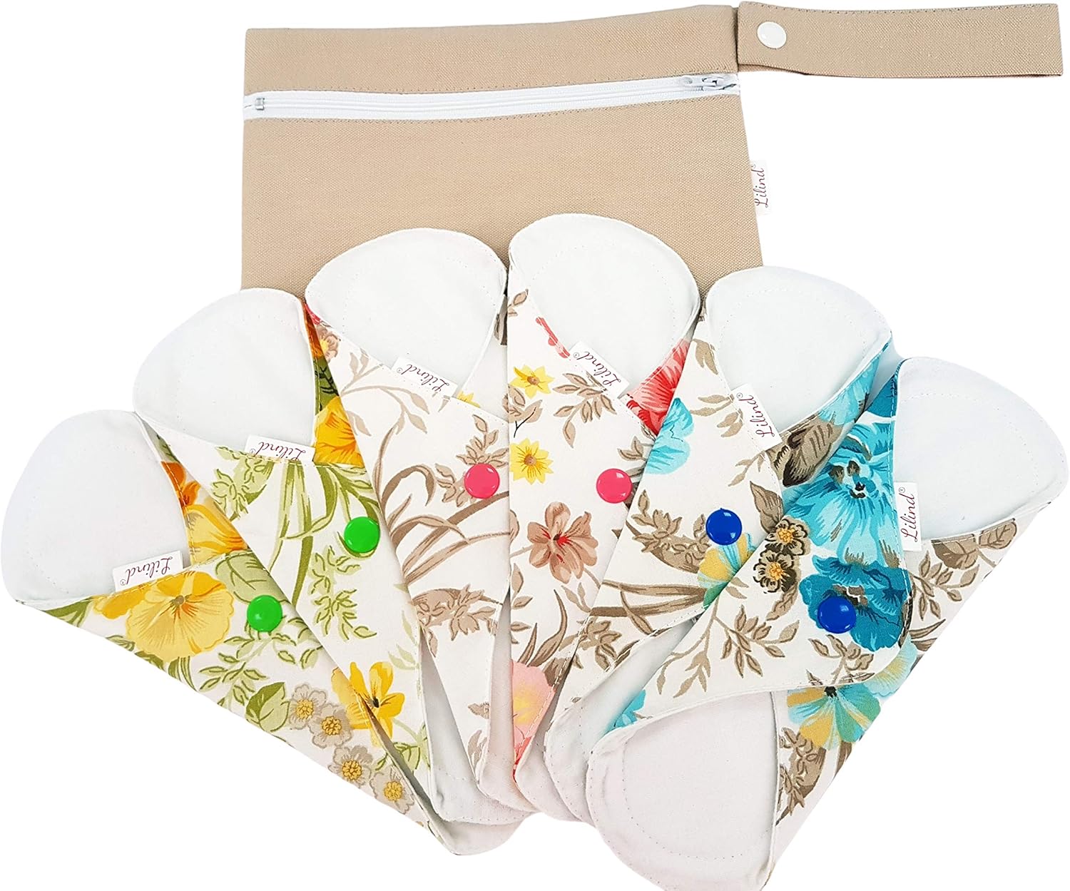 6 Pack Lilind 9" Organic Cloth Pads, Starter Set, Free Zip Wet Bag, Reusable Waterproof Menstrual Sanitary Napkins