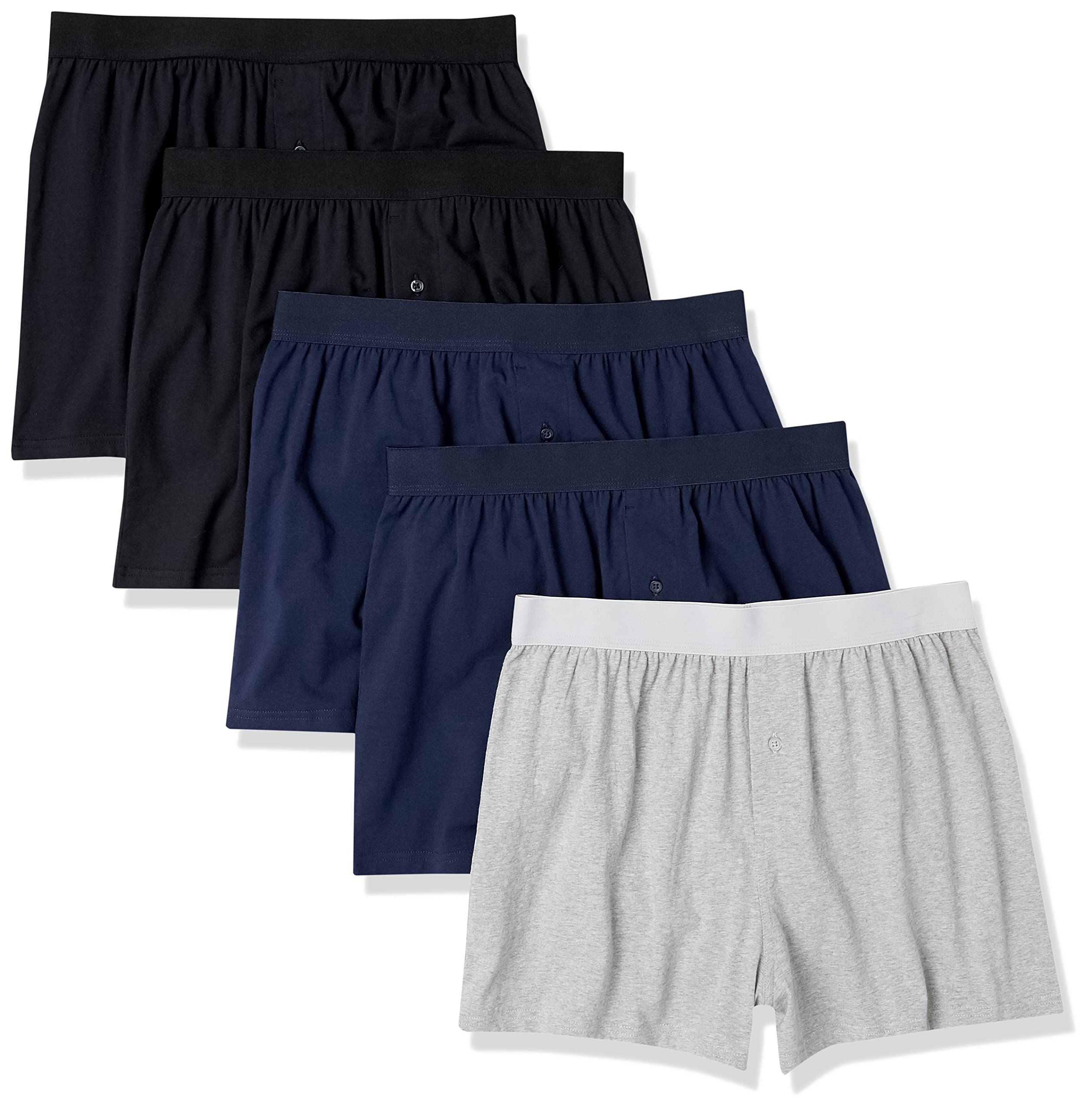 Photo 1 of Amazon Essentials Cotton Jersey Boxers - Men's Underwear, Available in Big & Tall, Black/Grey Heather/Navy, Pack of 5, X-Small
