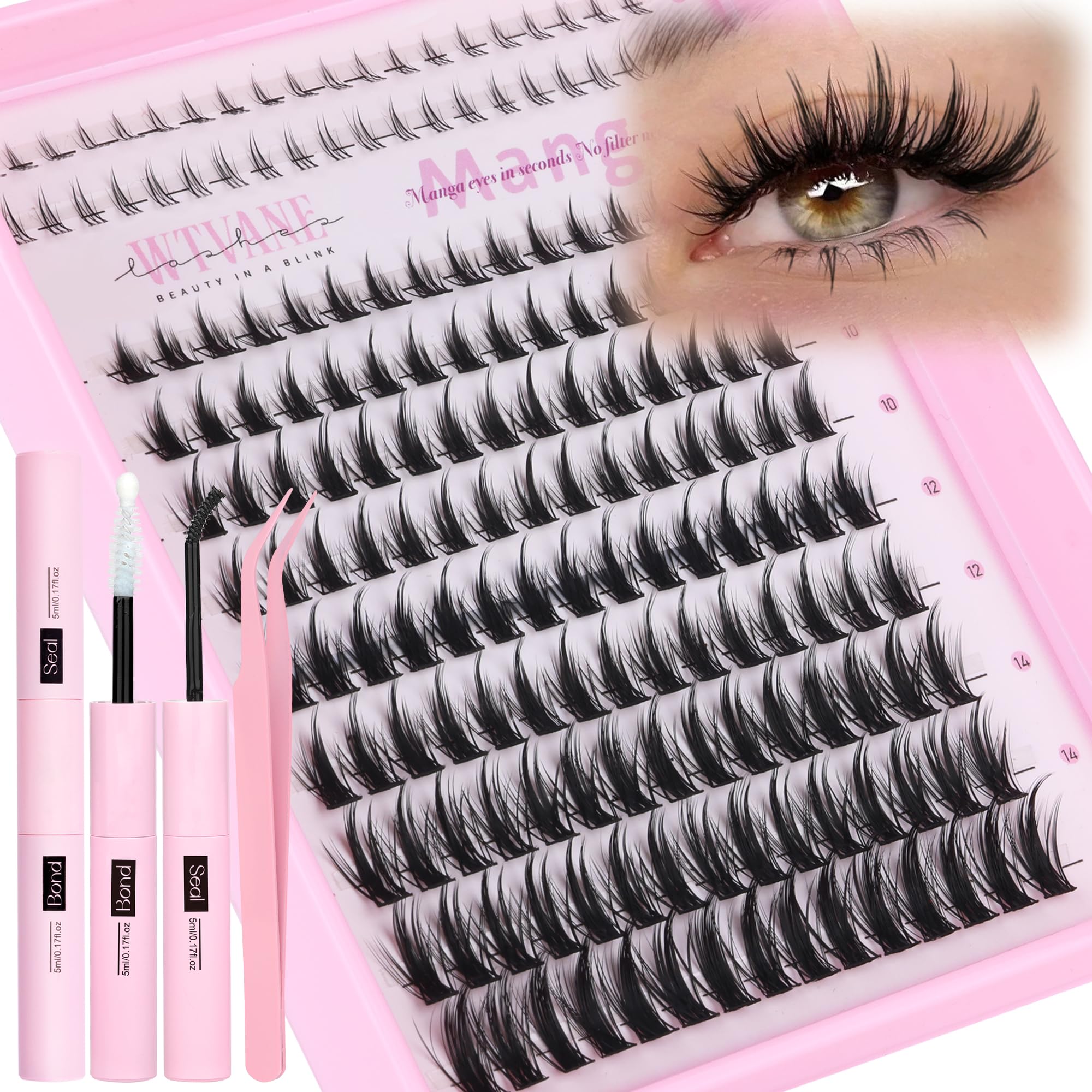 Photo 1 of Anime Lash Clusters Kit Wispy Eyelash Clusters DIY Lash Extension Kit with 5-6mm Bottom Lashes 8-16mm Thin Band Individual lashes 175Pcs Manga Eyelash Extension Kit with Lash Glue, Tweezers by WTVANE