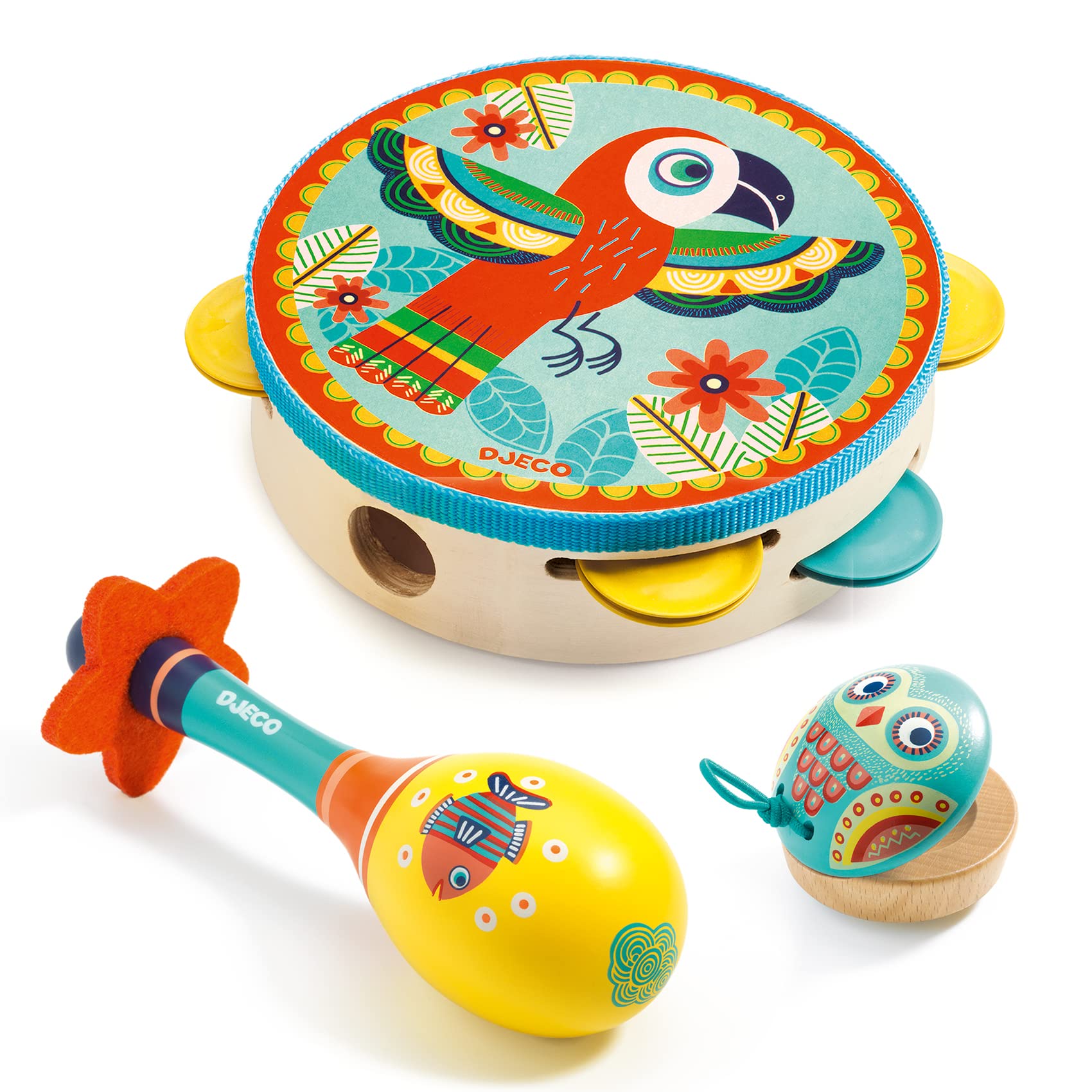Djeco - Set of 3 instruments: Tambourine, maracas, castanet *