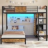 ADORNEVE Full Over Twin Bunk Bed with 8 Storage Drawers, Metal Loft Bed with Led Lights & Storage Shelves, Bunk Beds Twin over Full Size with 13.4" H Safety Guardrail & Ladder, for Kids & Teens, Black