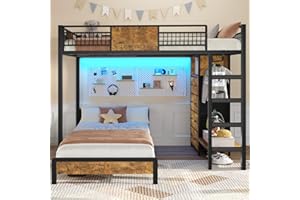 ADORNEVE Full Over Twin Bunk Bed with 8 Storage Drawers, Metal Loft Bed with Led Lights & Storage Shelves, Bunk Beds Twin over Full Size with 13.4" H Safety Guardrail & Ladder, for Kids & Teens, Black