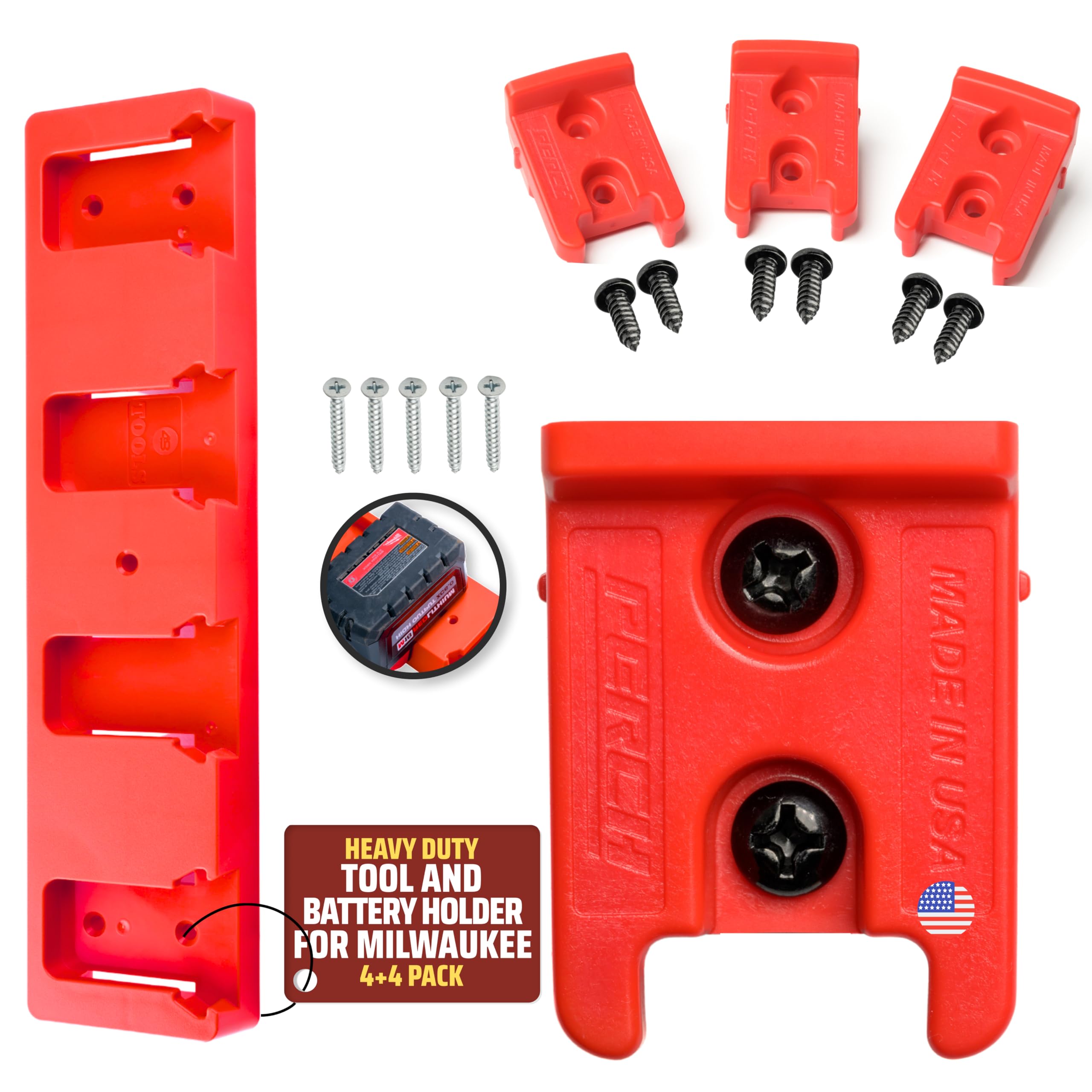 Photo 1 of PERCH 4 Pack Milwaukee Tool Holder with 4 Pack Milwaukee Battery Holder for Milwaukee 18v Tools and Milwaukee 18v Battery