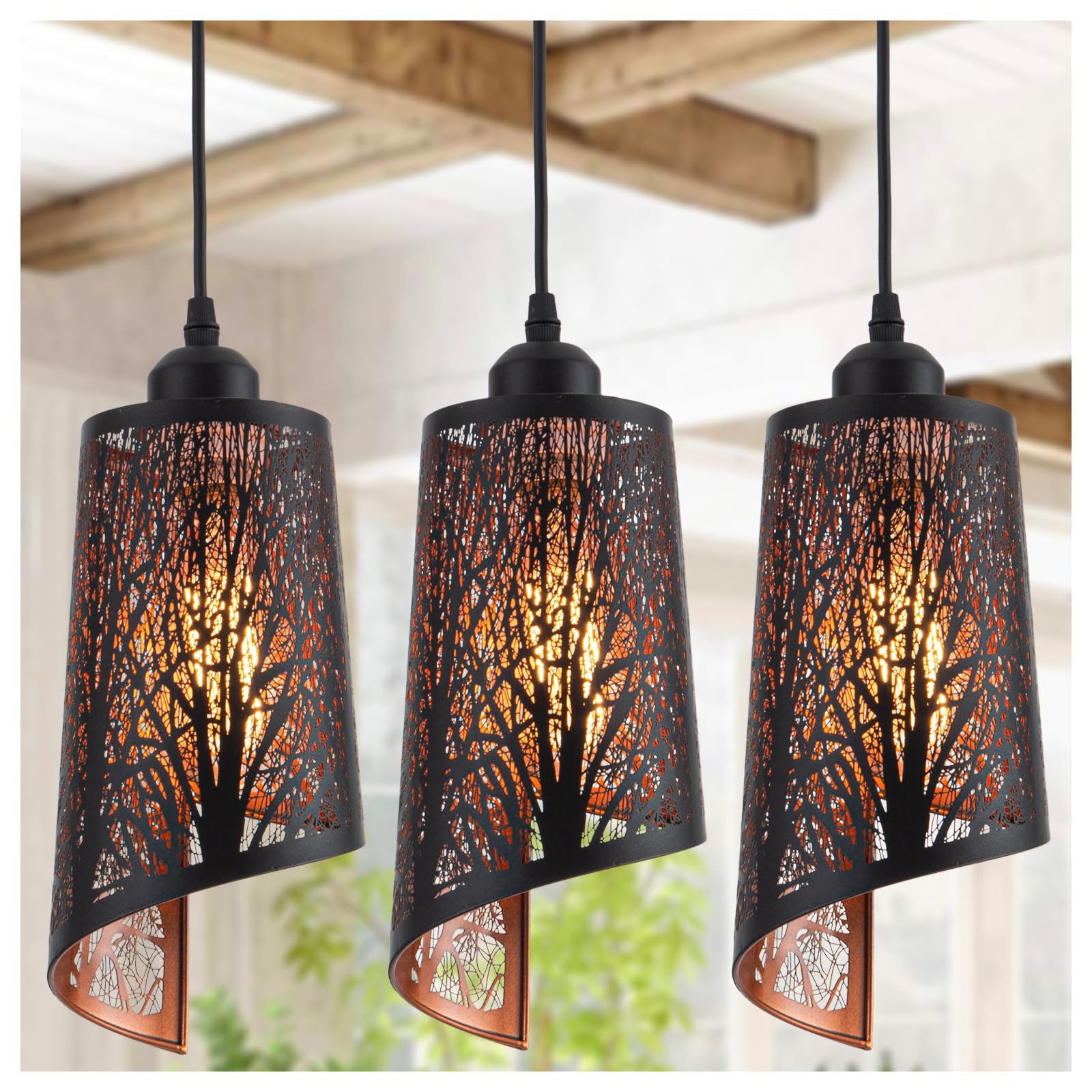 Photo 1 of Shining gold Industrial Black Pendant Light Fixture Vintage Mini Black Pendant Lighting with Gold Finish Rustic Hollow-Carved Small Pendant Light for Kitchen Island, Dining Room, Bedroom, 3 Pack