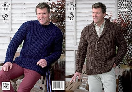 King Cole Mens Super Chunky Knitting Pattern Cable Knit Jacket Cardigan Sweater 3820