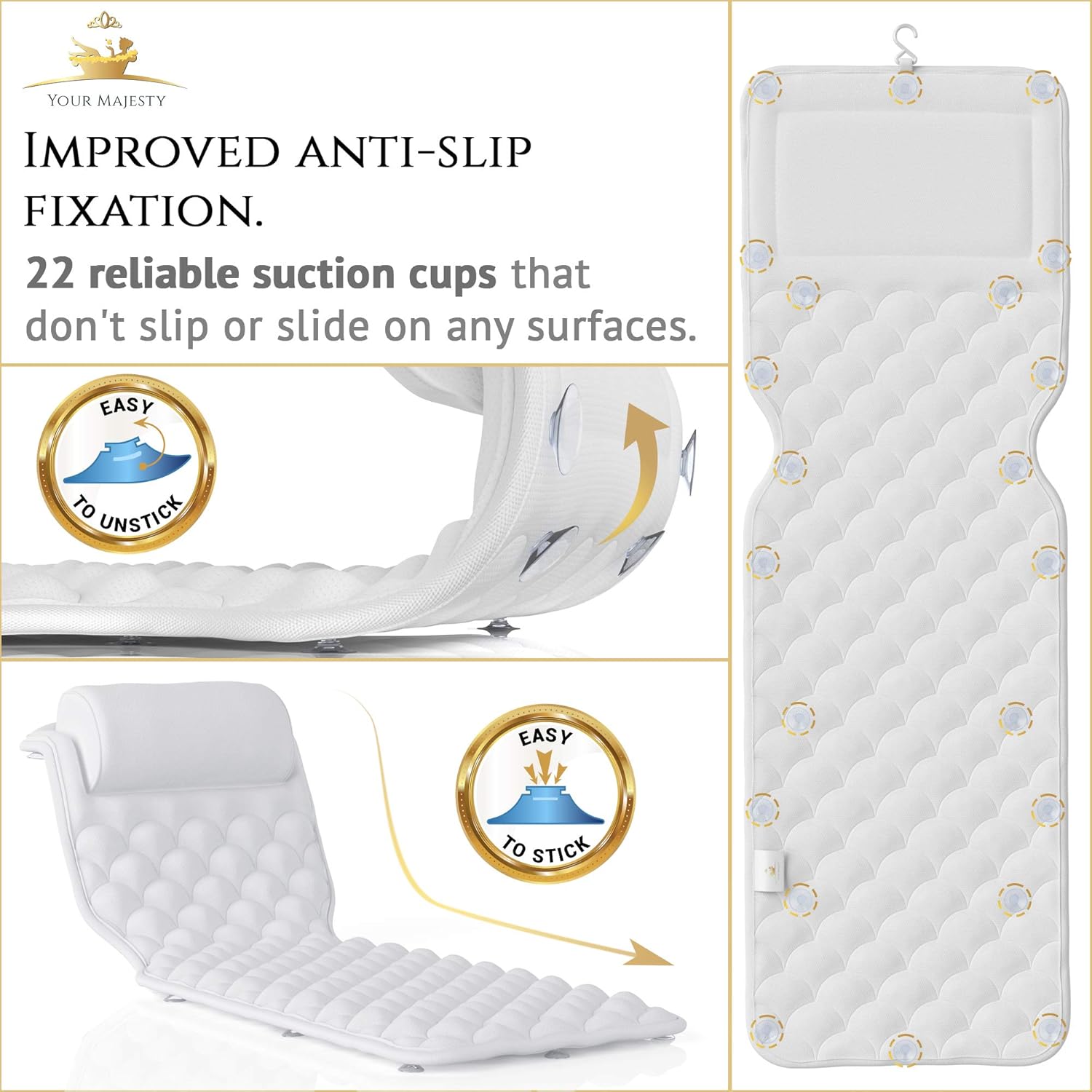 Premium Full Body Bath Pillow For Tub [22 Anti-Slip Suction Cups], Extra Soft Neck and Back Support to Relax and Unwind, QuickDry Fabric, Cooling Effect, Durable, Cushioned | With Machine Washable Bag : Beauty