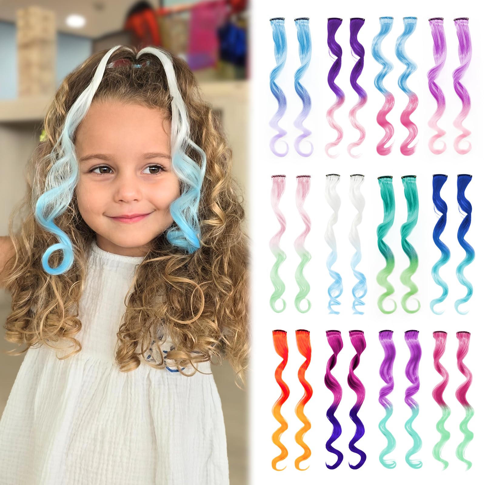 Dreamlover Colored Hair Extensions for Kids, Clip In Rainbow Hair Extensions, Dual-color Curly Hairpieces for Halloween, 24 Pieces โ image 1