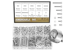 Kindroufly 542 Pieces M3 x 6/8 /12/16 /20/25 /30mm Hex Socket Head Cap Screws Nuts Washers Assortment Kit, 304 Stainless Steel, Fully Machine Thread