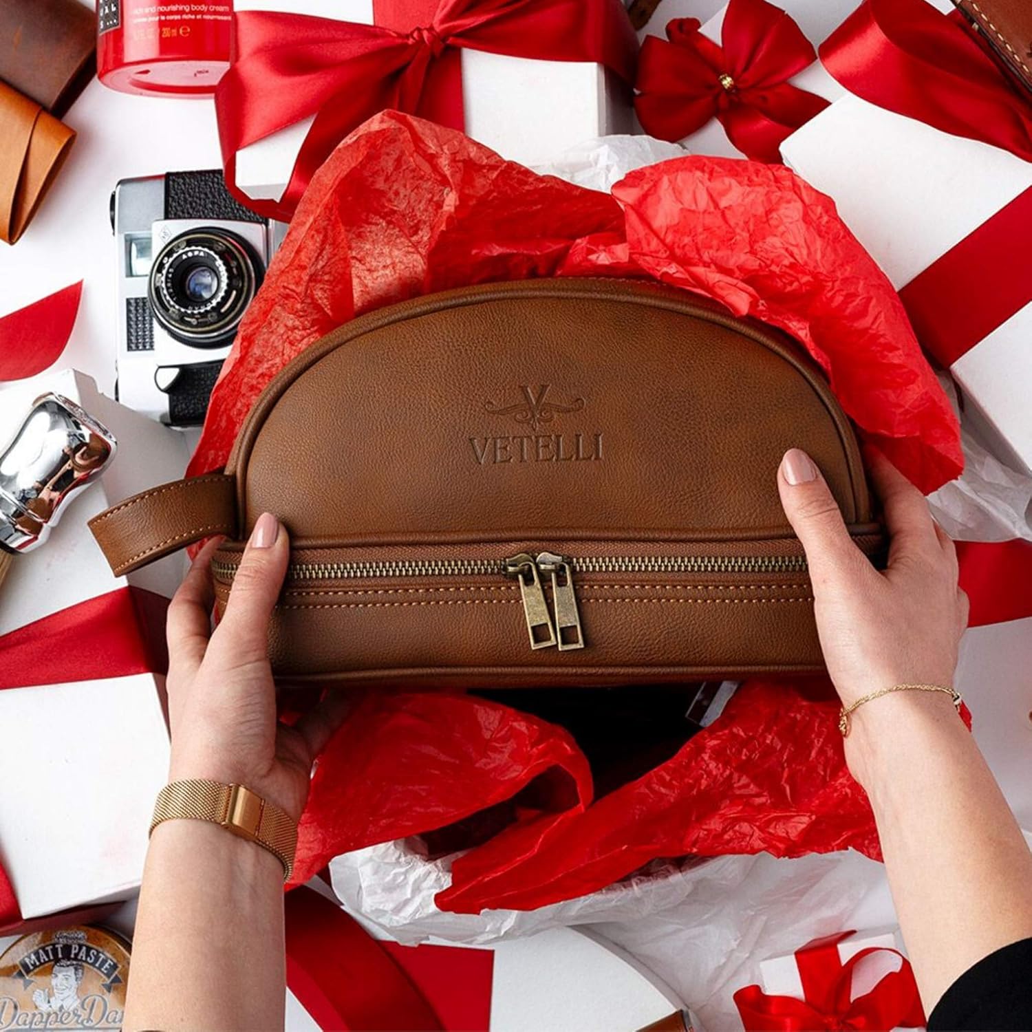 Vetelli Leather Toiletry Bag For Men. Our Dopp Kit Comes With 2 Silicone Travel Bottles And Is A Perfect Gift And Travel Accessory: Clothing