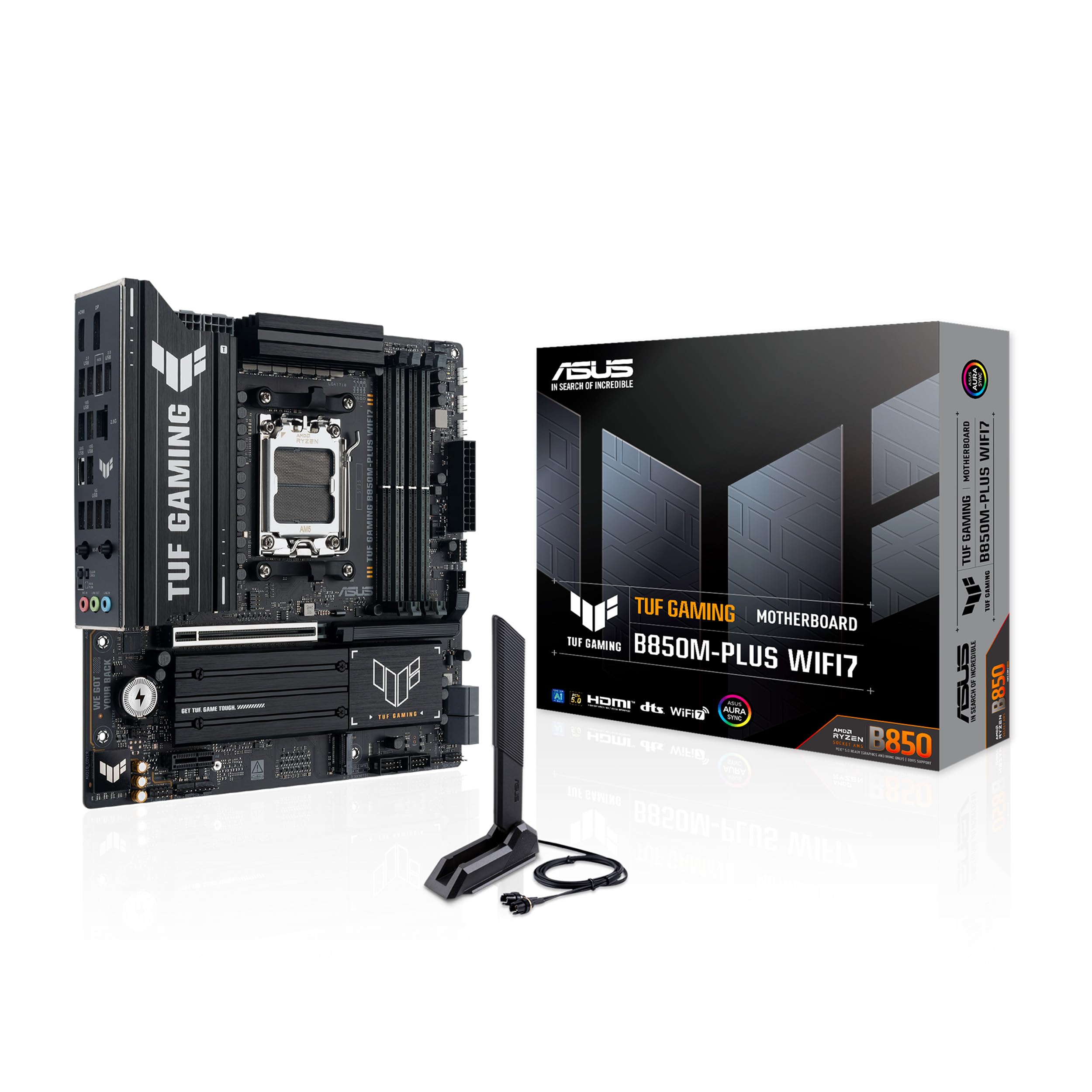 ASUS TUF Gaming B850M-PLUS WIFI7 Mainboard Sockel AMD AM5 (Micro-ATX, DDR5, PCIe 5.0, 3X M.2 Slots, Realtek 2.5Gb Ethernet, Rear USB 20Gbps Typ-C, Front USB 10Gbps Typ-C)