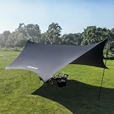 BLACKDOG Large Blackout Camping Tarp with Poles, Waterproof Rain Fly | Black Coating Arc-Shaped Coating, Anti-UV Camping Awning Tent Tarp with Guy Ropes Tent Stakes, 224" L x 189" W
