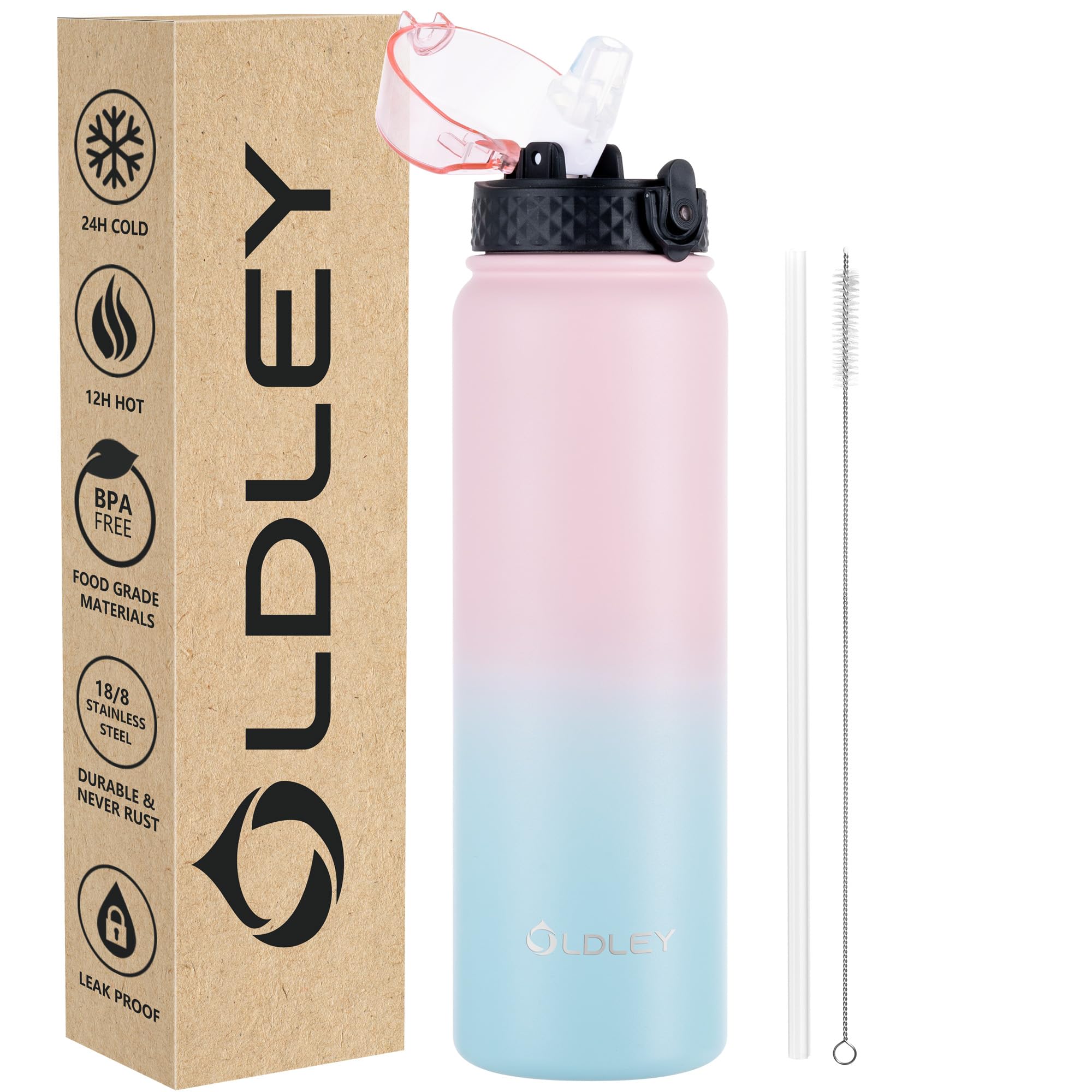 OLDLEY Stainless Steel Water Bottle with Straw 1L Vaccum Insulated Large Drink Flask Metal Water Bottles 1 Litre Leakproof Keep Drinks Hot Cold for Bike Camping Sports Gym(Pink Blue, 1 Lid)