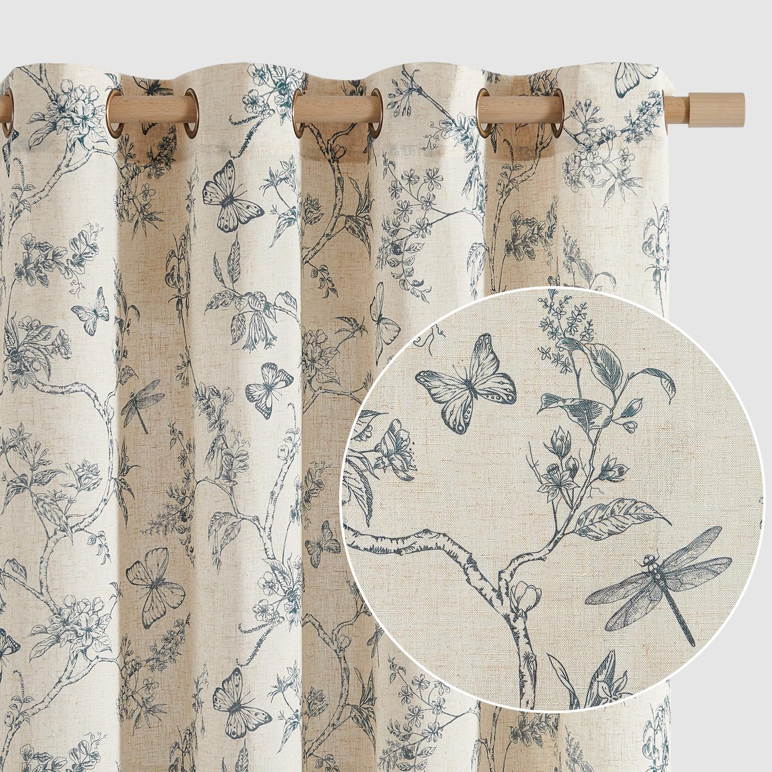 Lazzzy Blue Floral Linen Farmhouse Curtains 108 Inch Length Extra Long Drapes for Living Room Bedroom Pattern Light Filtering Country Vintage Curtain Grommet Top, 2 Panels, Blue on Beige Image
