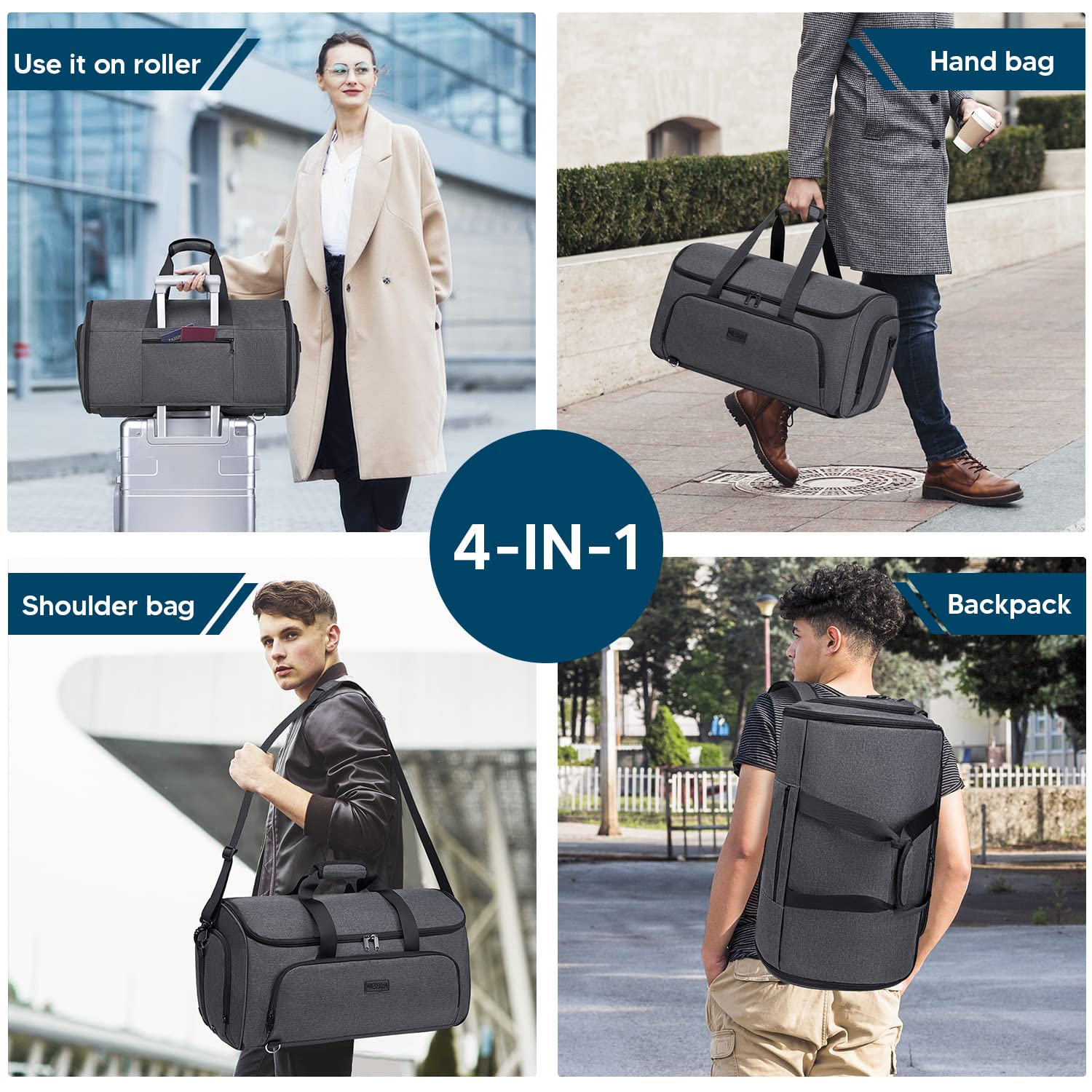 Garment Bags for Travel, Convertible Garment Duffle Bag for Men Women, Carry On Garment Bag Backpack, 4 in 1 Travel Suit Bag with Shoe Compartment, Large Weekender Bag-Dark Grey