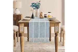 ZeeMart Farmhouse Table Runner, Rustic Table Runners 36 Inches Long, Linen Boho Table Runner, Braided Striped Blue Table Runner for Dining Party Holiday, 15x36 Inches, Braided Dusty Blue