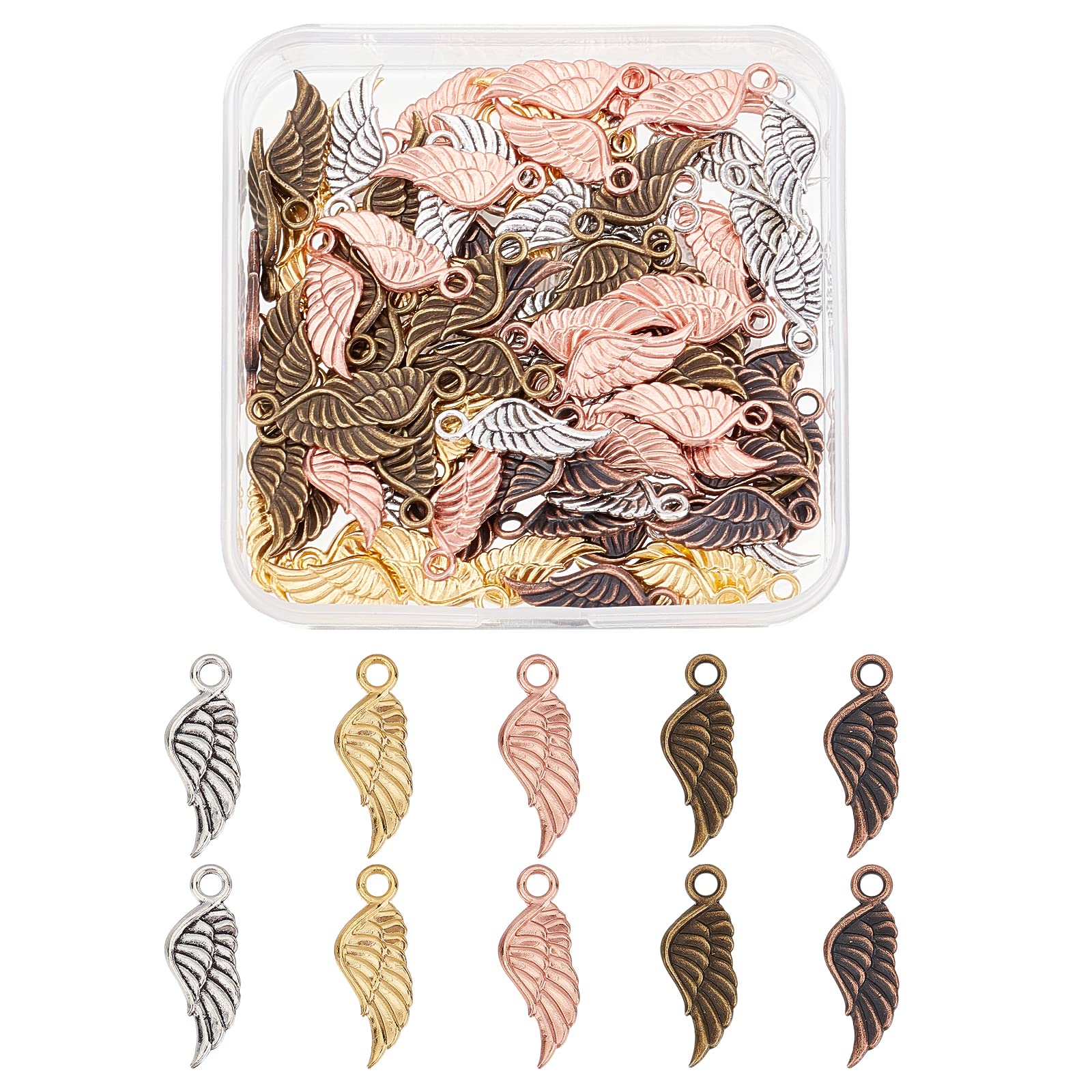 SUPERFINDINGS 100Pcs 5 Color Angel Wing Charm Pendant Tibetan Style Alloy Feather Pendants 21x8x2mm Assorted Wings Charm Beads for DIY Bracelet Necklace Jewelry Making