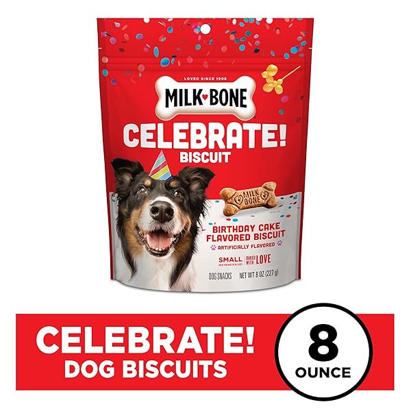 MILK-BONE CELEBRATE BIRTHDAY CAKE ARTIFICIALLY FLAVORED BISCUITS, SMALL DOG TREATS, 8 OZ. BAG