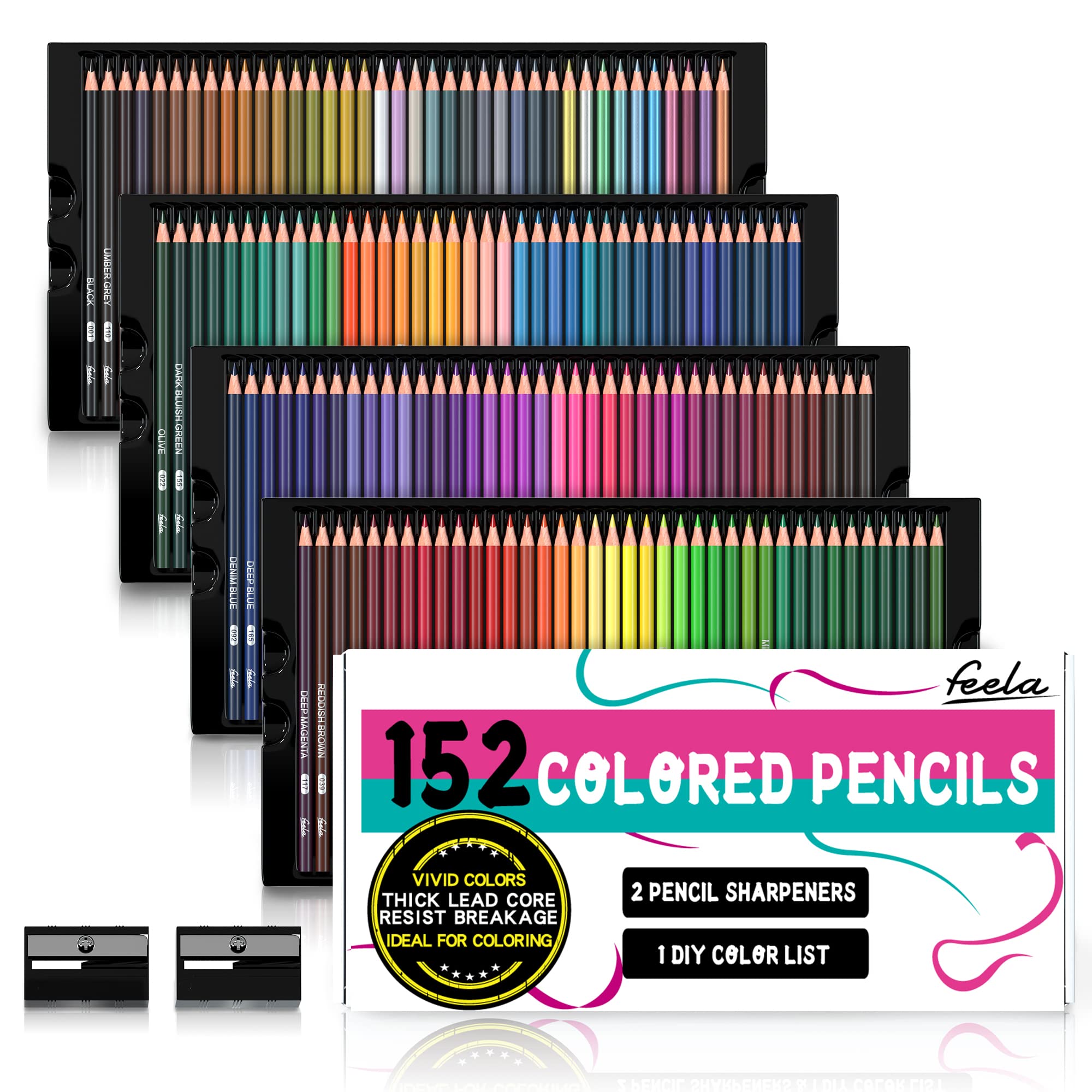 Feela Colouring Pencils Set, 152 Colours Coloured Pencils with 2 Sharpeners, Soft Core Drawing Art Pencils for Adults Beginners & Artists, Professional Art Supplies for Drawing, Colouring & Sketching
