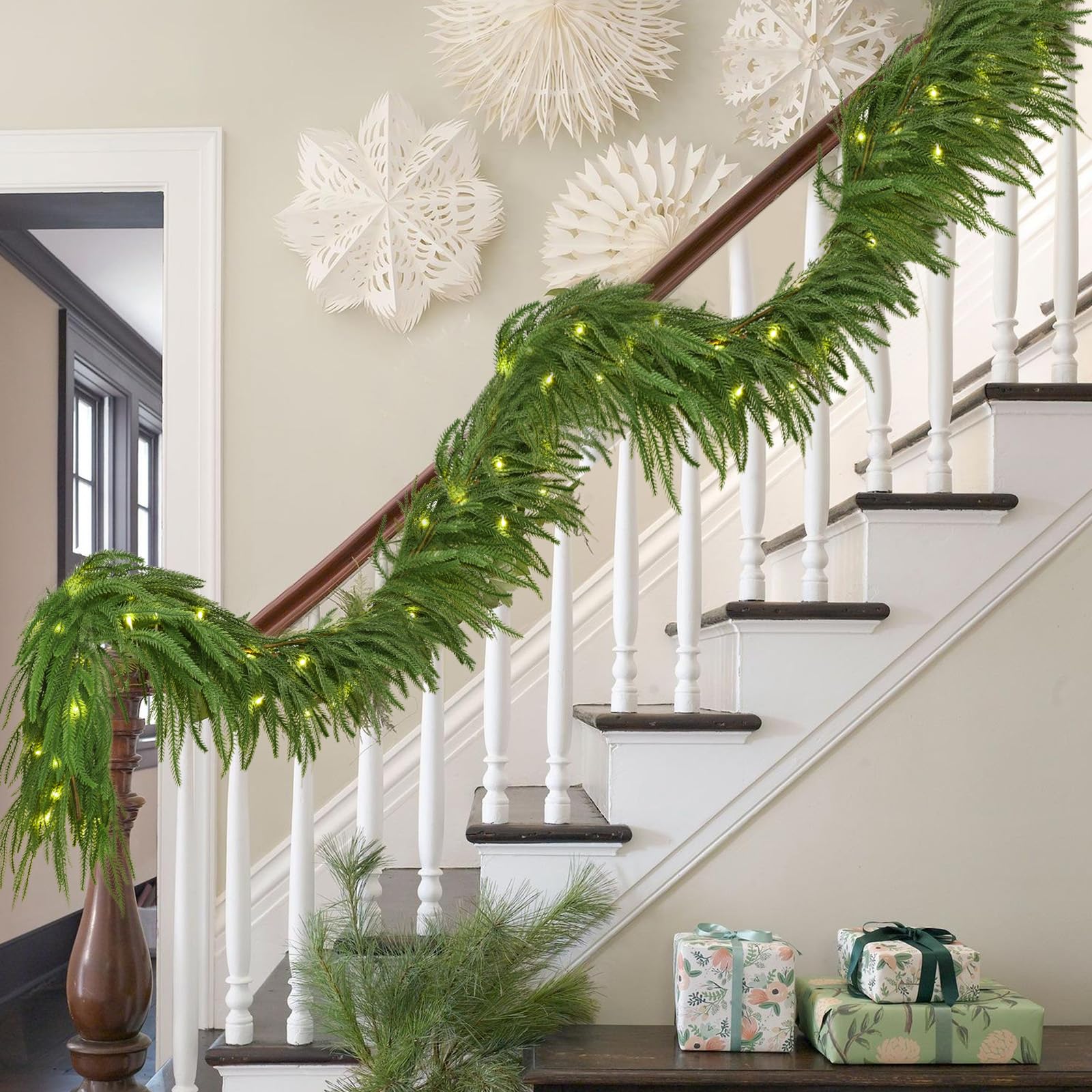 Photo 1 of 2PCS 9FT Pre-lit Norfolk Pine Garland with 100 Lights, 120 Pine Branches, Realistic Christmas Garland Holiday Greenery for Stairs Table Wall Christmas Decorations