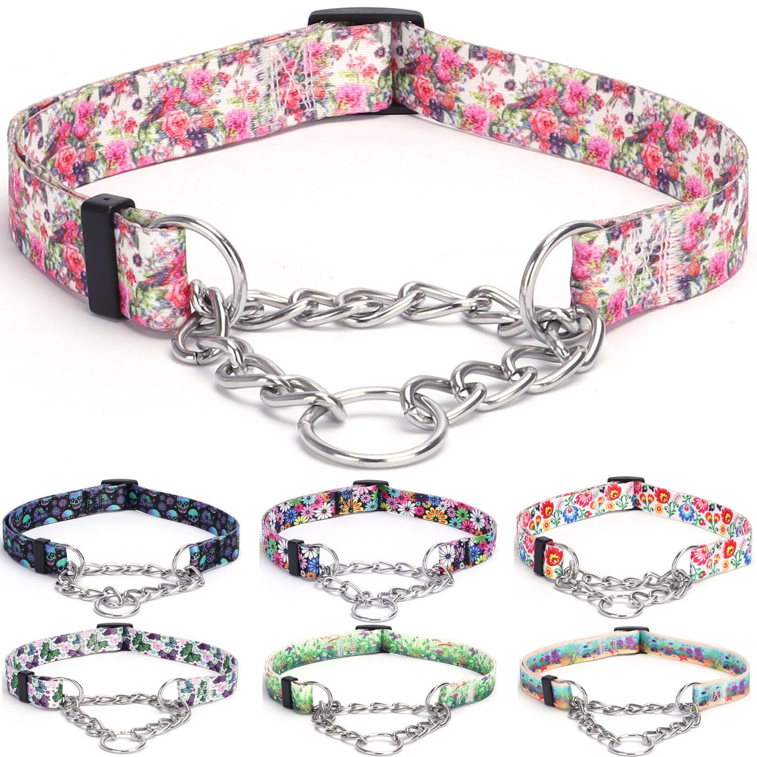 haoyueer Martingale Dog Collar - Stainless Steel Chain, No Pull Training Collar with Flower Design for Large Medium Small Dogs (XL, Peony)