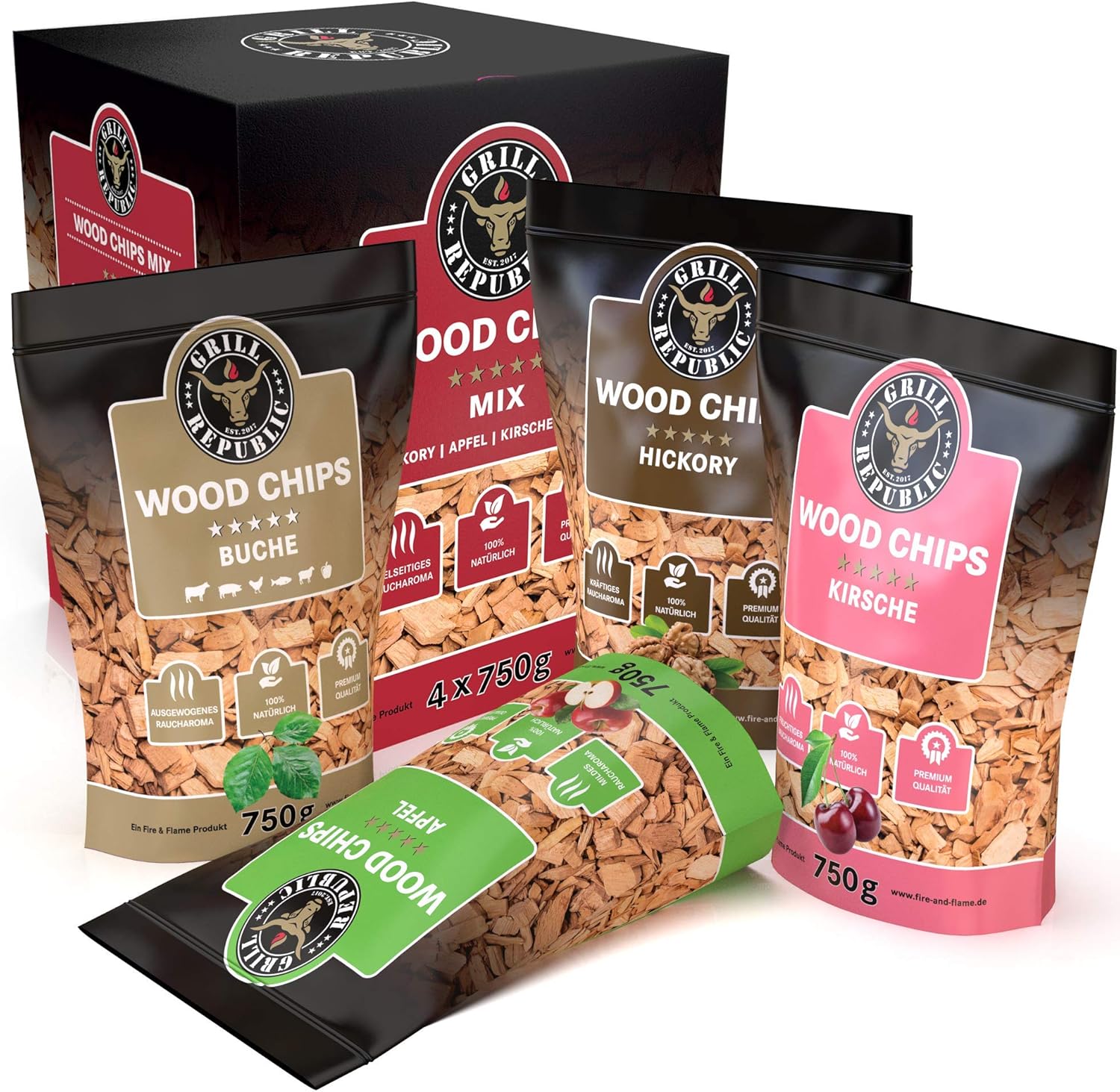 Premium Räucherchips Mix (Hickory, Apfel, Buche und Kirsche) für optimales Raucharoma beim Grillen / 100% Natürliches Smoker-Holz geeignet für Kugel- Stand und Gas-Grill (4 x 750 g)