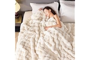 NORD ECO Luxury 1000GSM Faux Rabbit Fur Throw Blanket, Super Heavy Warm Cozy Blankets for Couch Bed Sofa, Bubble Plush Fuzzy Elegant Soft Reversible Mink Blanket for Living Room Bedroom, Cream White