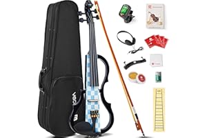 Vangoa Electric Violin 4/4 Blue Solid Wood Advanced Electric Silent Violin Fiddle Kit Full Size with Ebony Fittings, Beginner