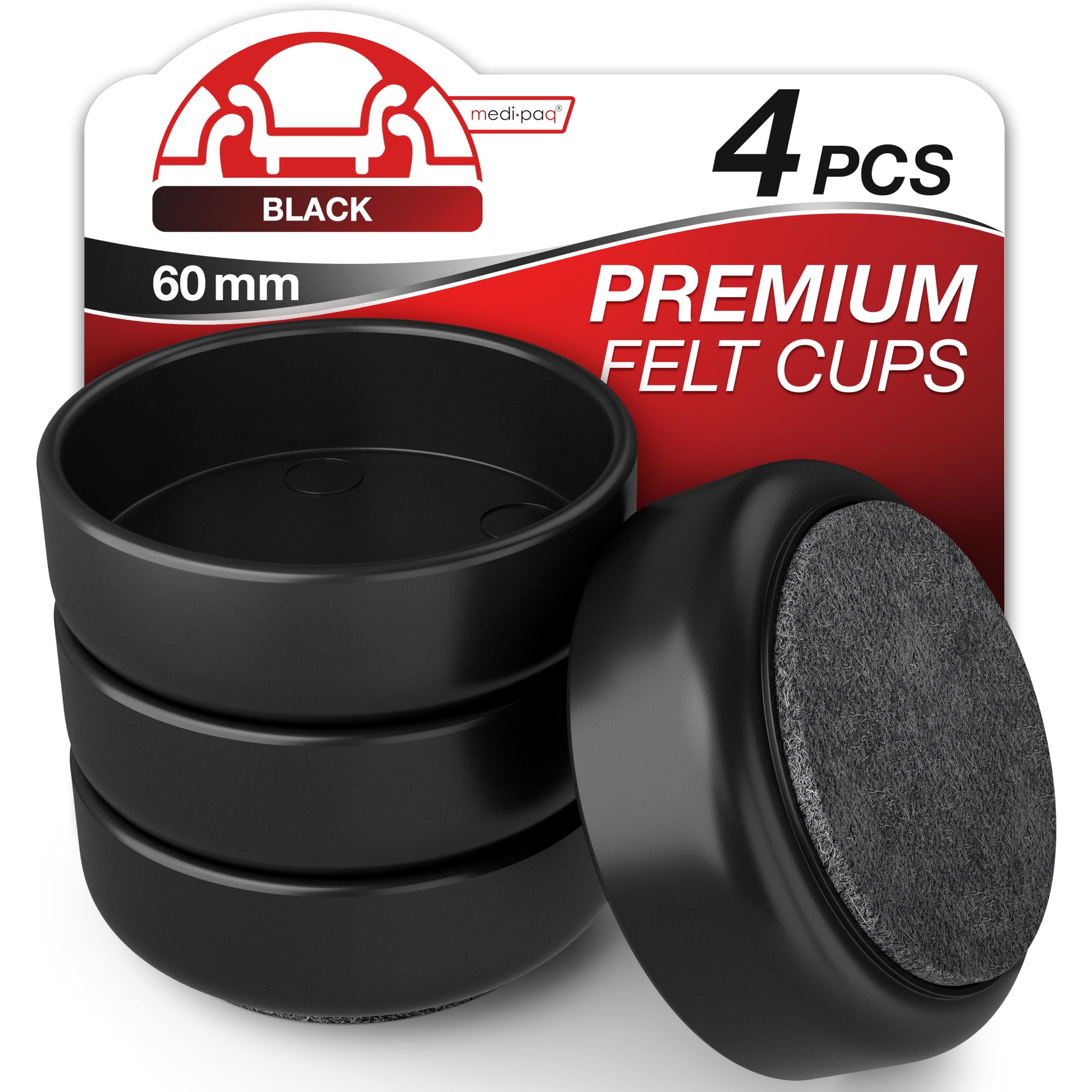 Medipaq Felt Castor Cups – 4x Large 60mm Black – Protects Wooden & Smooth Floors – Chair & Furniture Leg Protectors