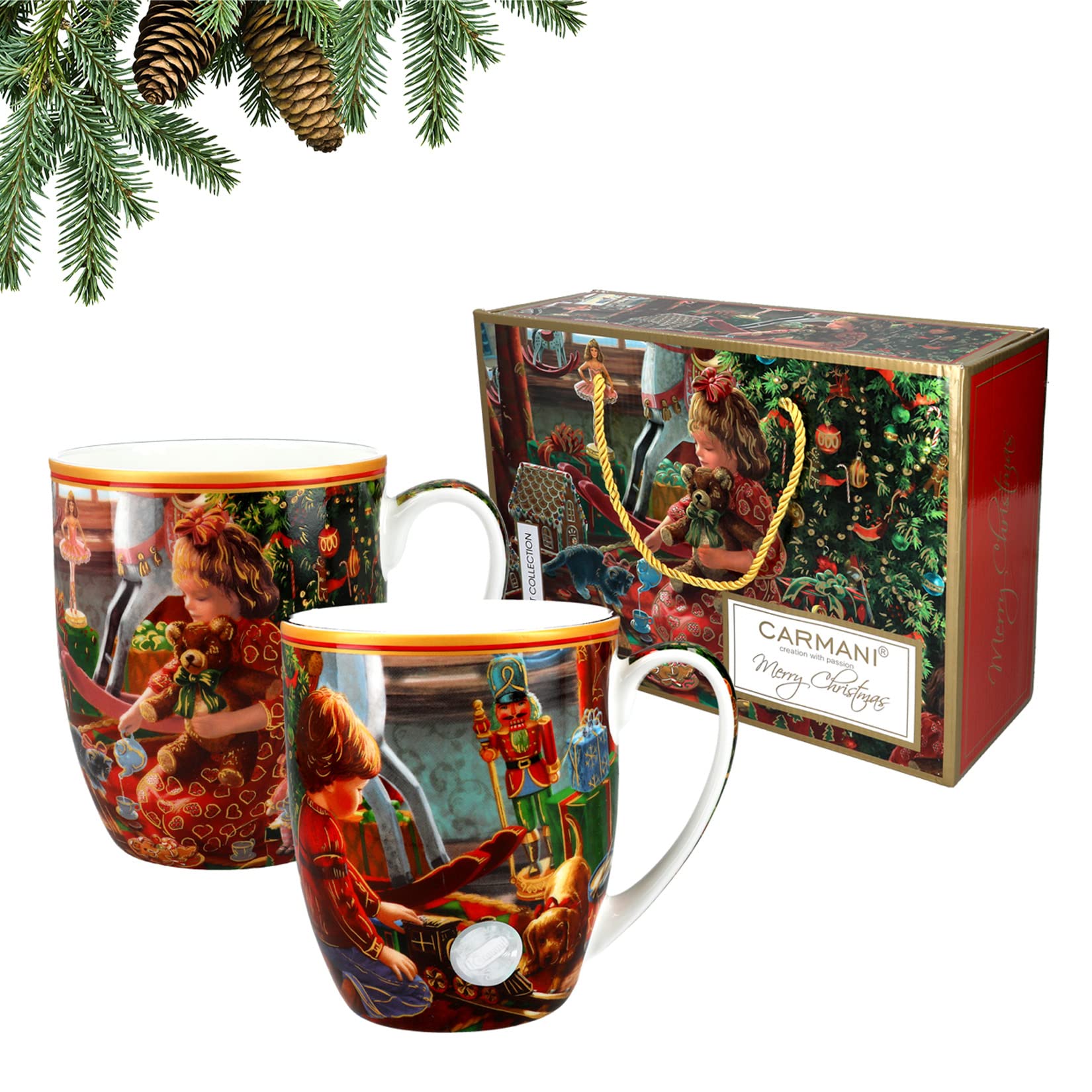 Carmani - Set of 2 Christmas Mug, Festive Party Mug for Tea, Coffee, Hot Chocolate Decorated with Christmas Theme 400ml