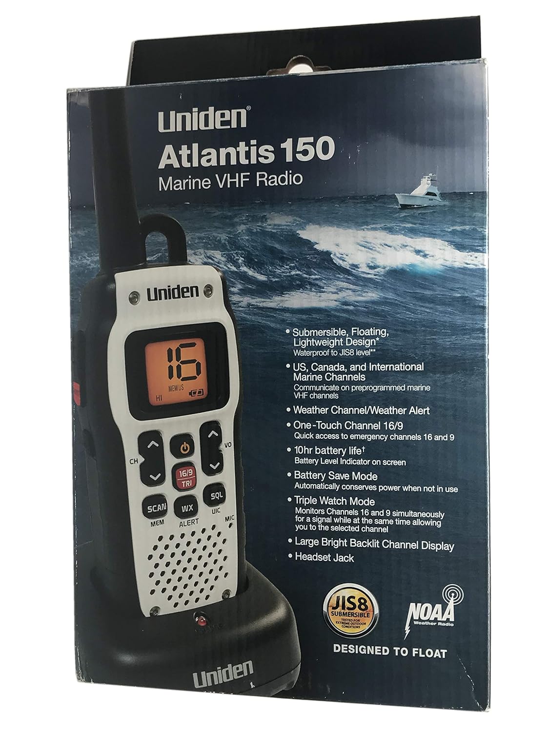 Amazon.com: Uniden Atlantis 150 Handheld Floating WaterProof IPX8/JIS8  Level Submersible Two-Way VHF Marine Radio. 1/2.5 Watt. Lightweight Design,  10 Hour ...